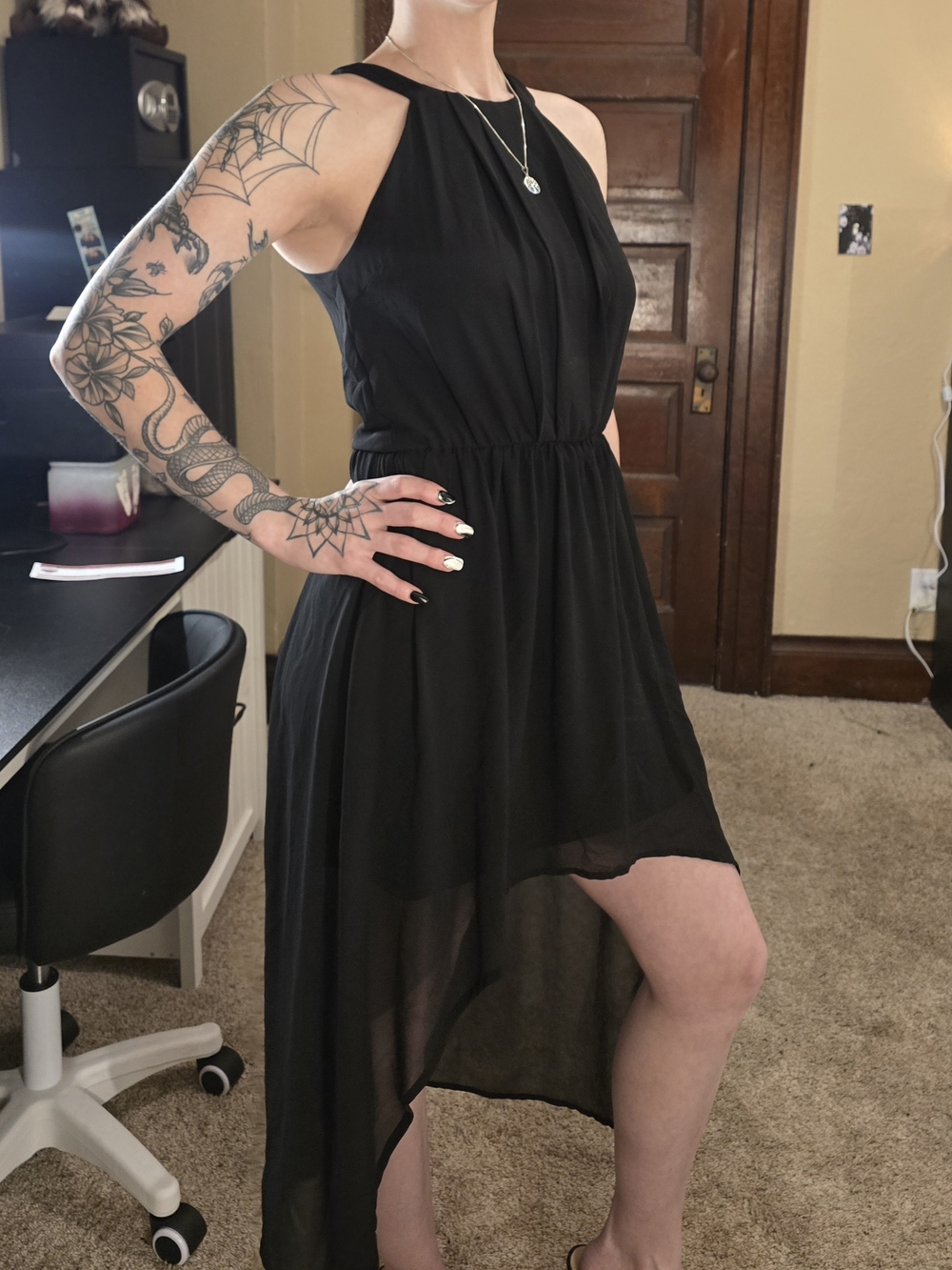 Doe & Rae Black High-Low Halter Dress